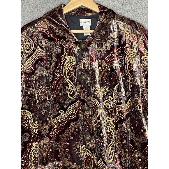 VTG Velvet Blazer XL 90s Y2K Boho Paisley Jacket Gold Burgundy Rayon Silk USA - Picture 2 of 16